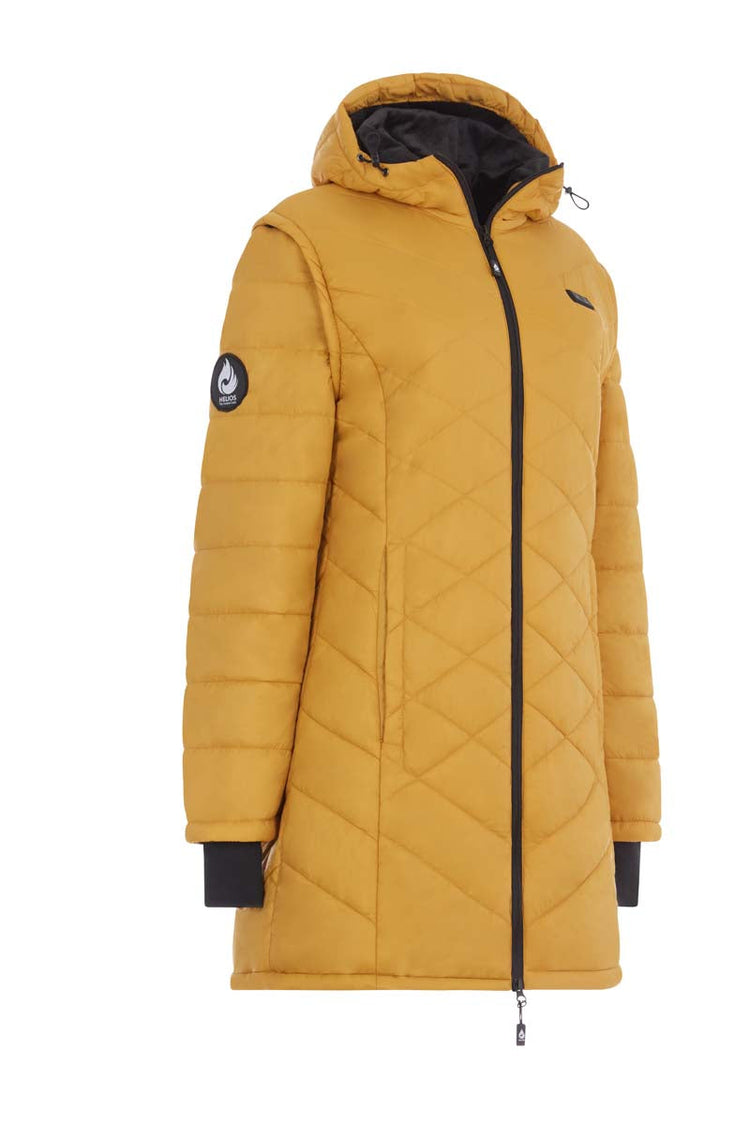 Yellow quilted jacket with black zipper and trim on a white background