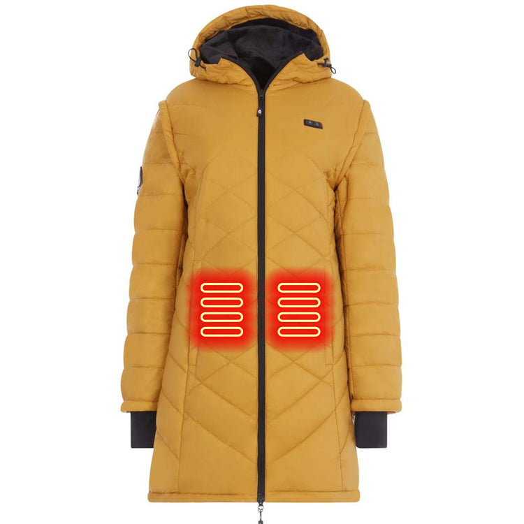 Yellow winter coat with heated elements on a white background
