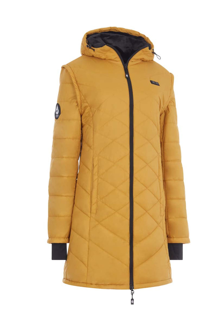 Yellow quilted jacket with black zipper on a white background