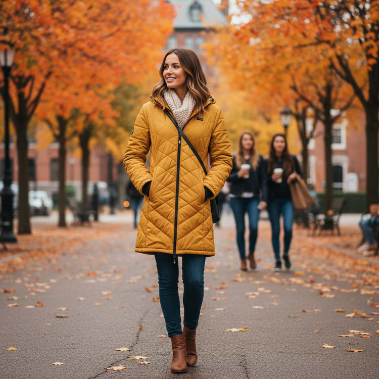 Woman in a yellow coat walking on a street lined with trees with autumn foliage.