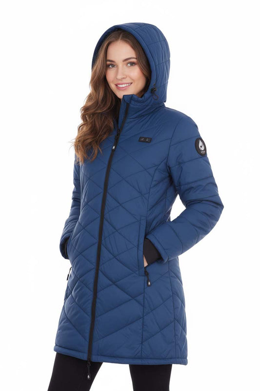 Blue quilted jacket with black accents on a white background