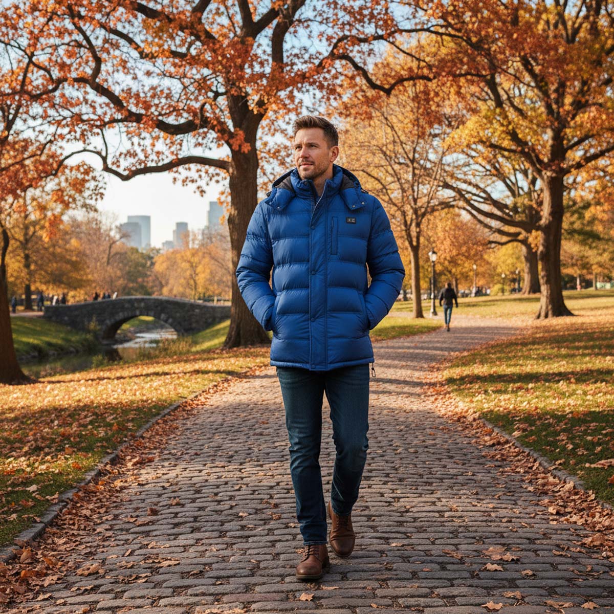 Man walking on a path in a park with autumn foliage