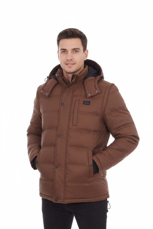 Brown winter jacket with a hood on a white background