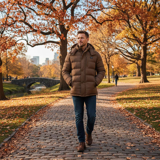 Brown winter jacket with a hood on a white background