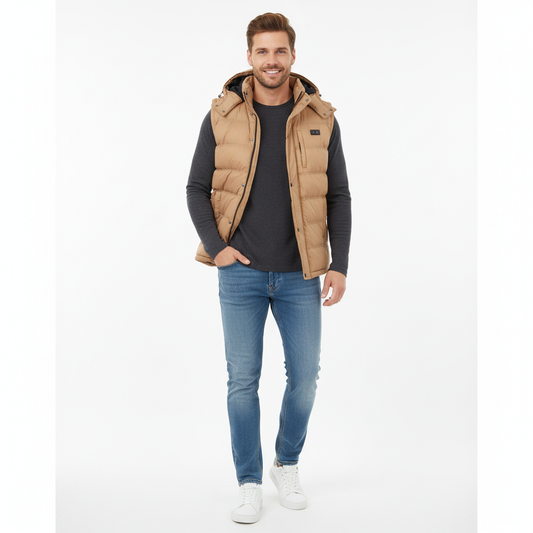 Beige winter coat with black accents on a white background