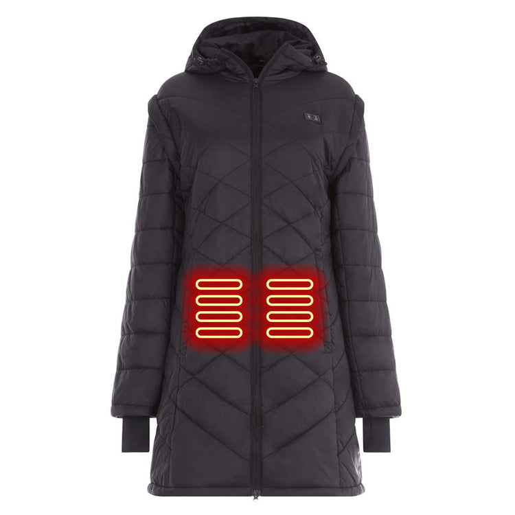 Black heated jacket with visible heating elements on a white background