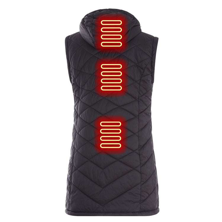 Black quilted vest with heated elements on a white background