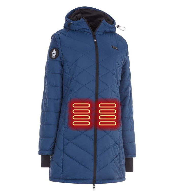 Blue heated jacket with glowing red heating elements on a white background