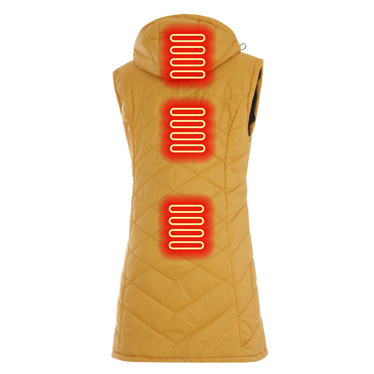 Yellow heated vest with glowing red heating elements on a white background