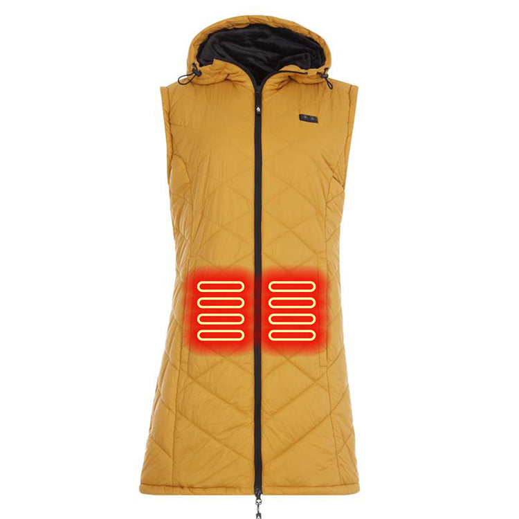 Yellow heated vest with glowing red heating elements on a white background
