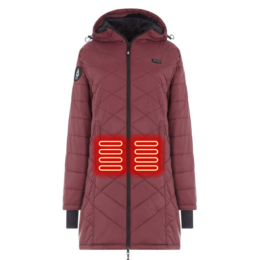 Maroon quilted jacket with a brand logo on a white background