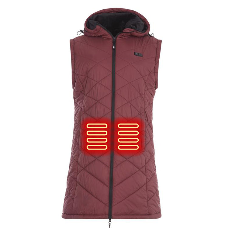 Maroon heated vest with visible heating elements on a white background
