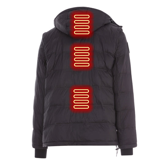 Black quilted jacket with a brand logo on a white background