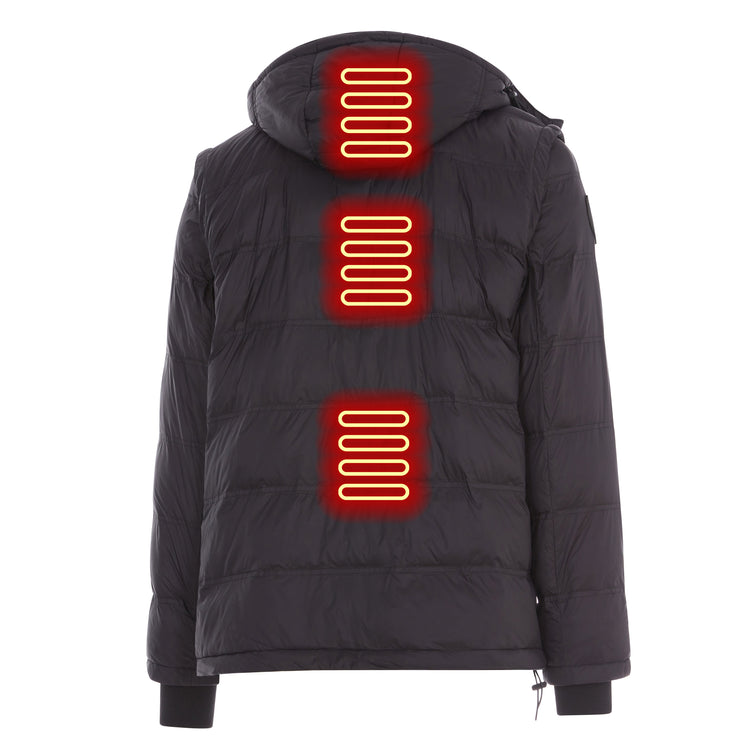 Black puffer jacket with heated back panels on a white background