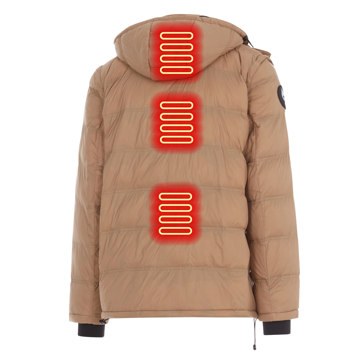 Beige heated jacket with visible heating elements on a white background