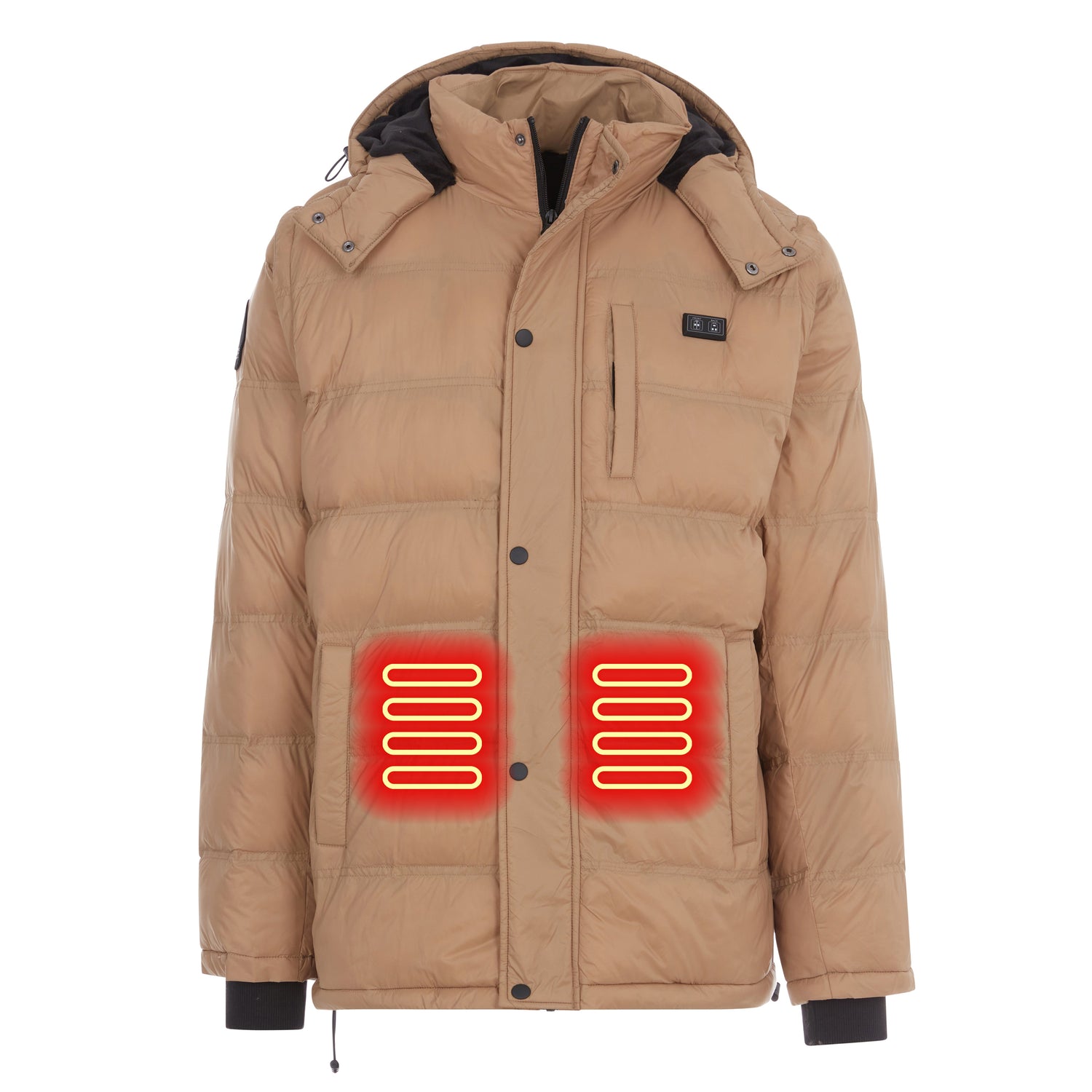 Beige winter jacket with heated patches on a white background