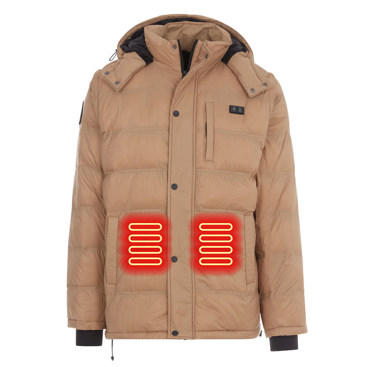 Beige winter jacket with heated patches on a white background
