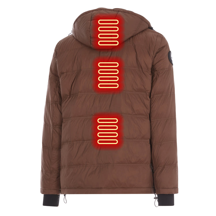Brown puffer jacket with heated back panels on a white background