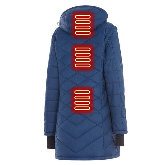 Blue quilted jacket with black accents on a white background
