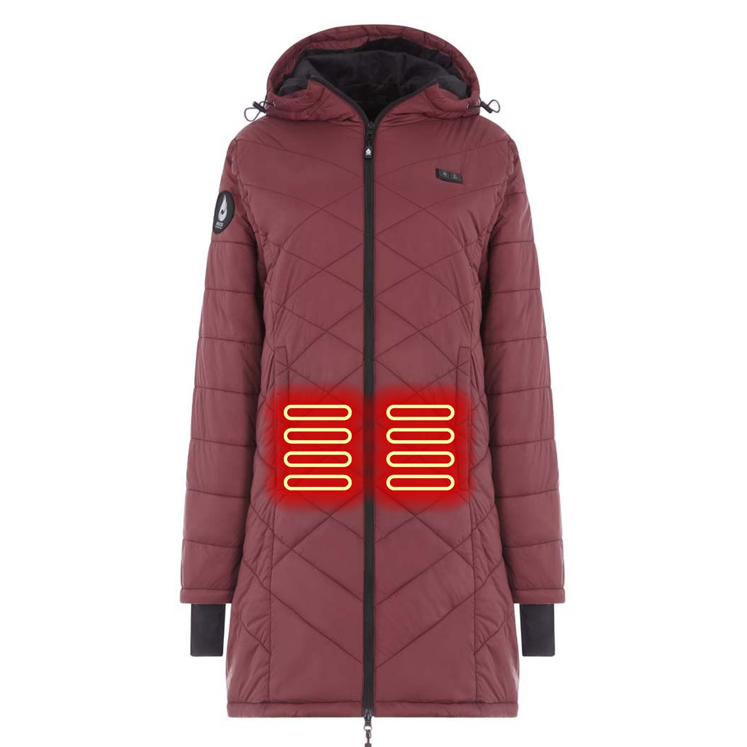 Maroon heated jacket with heating elements highlighted on a white background