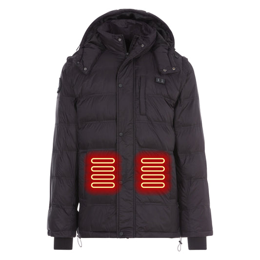 Black puffer jacket with heated back panels on a white background