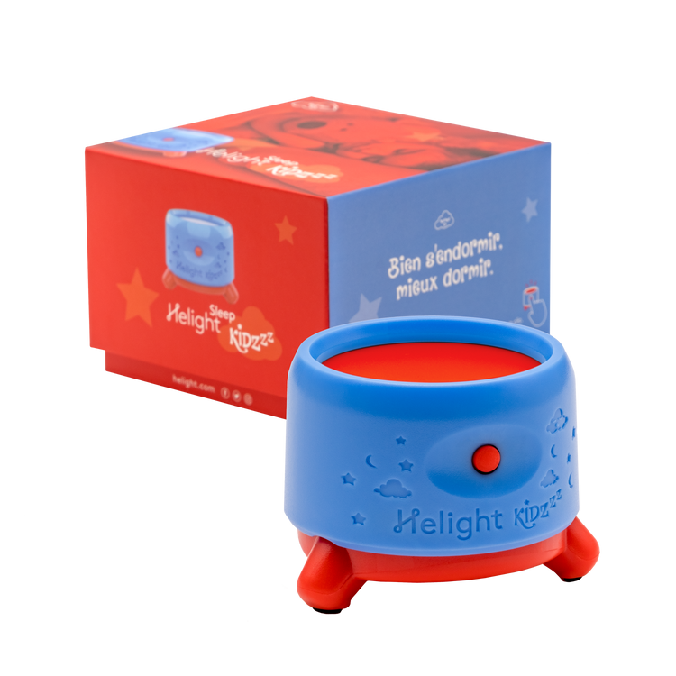 Blue and red night light with packaging on a white background