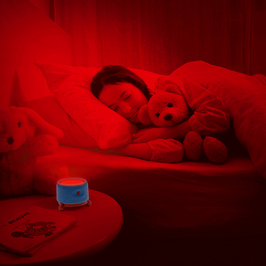 Blue and red night light with packaging on a white background
