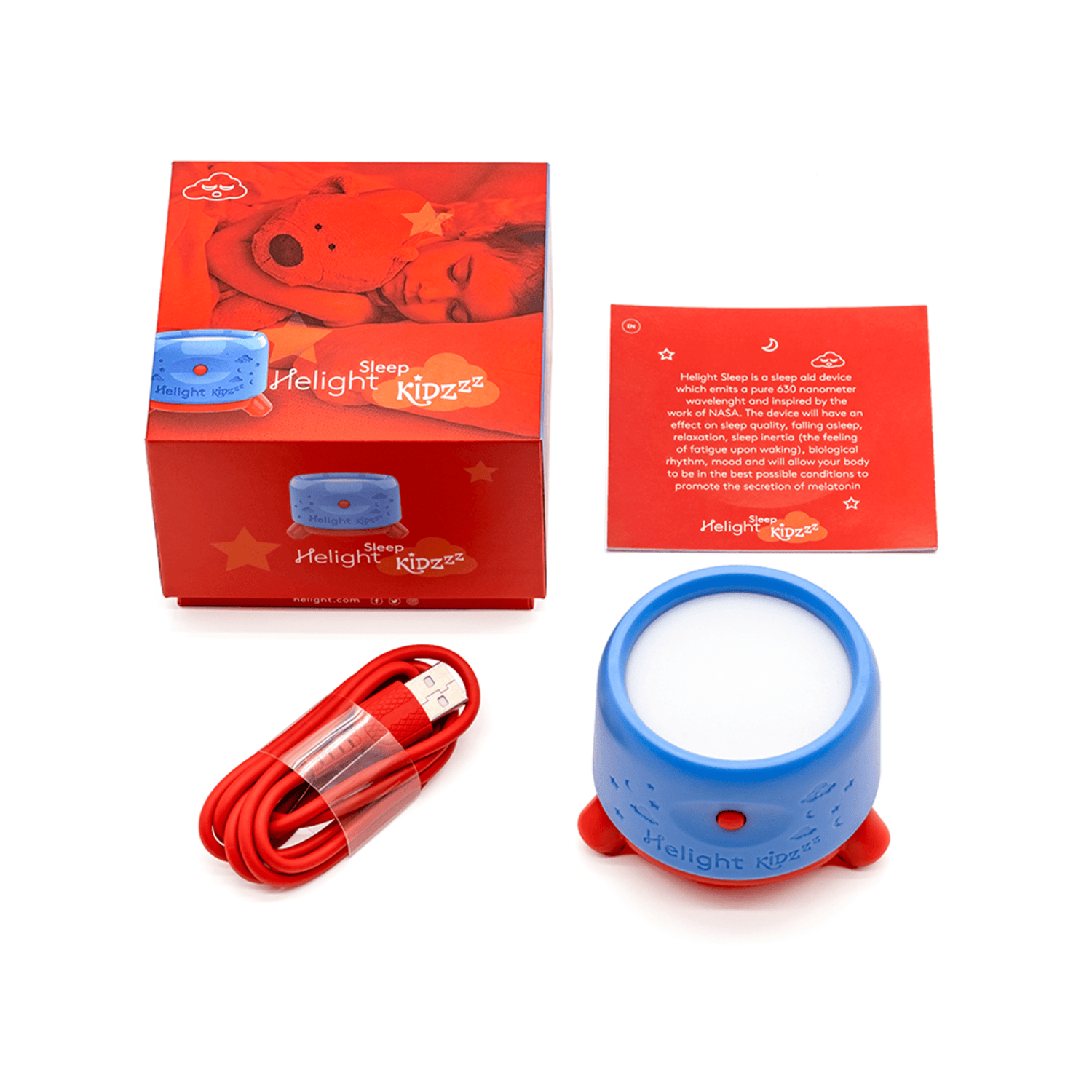 Blue and red device with packaging and cable on a white background