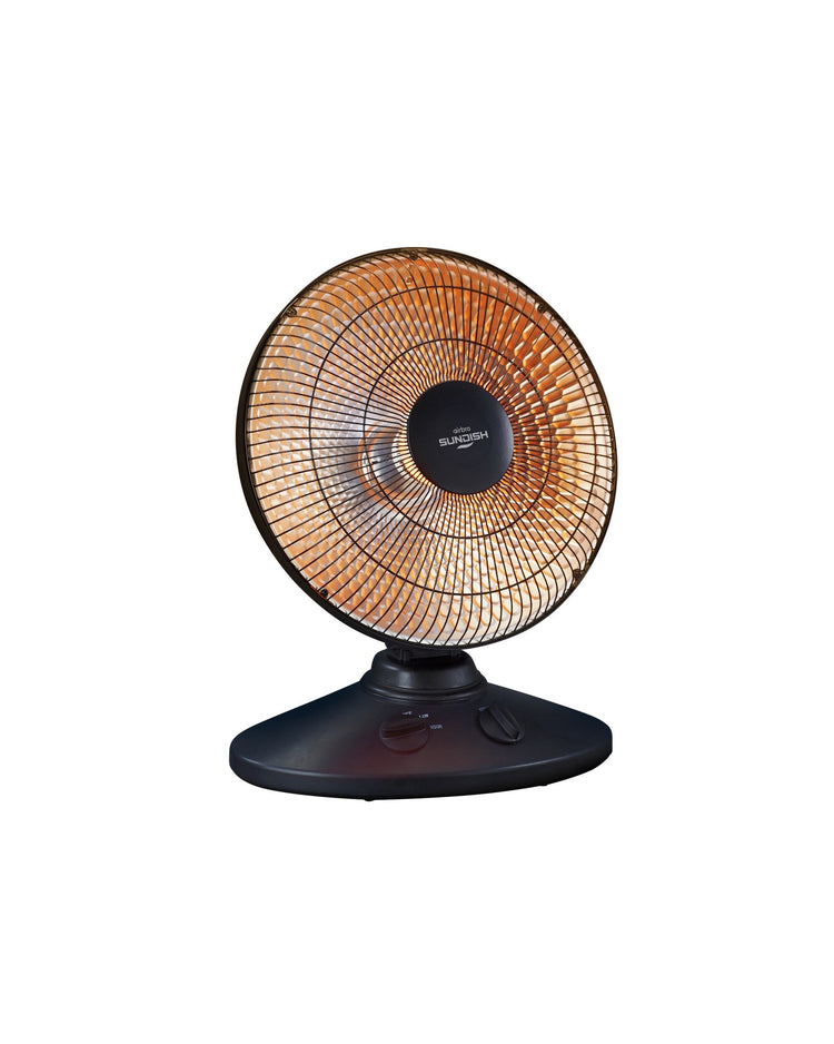 Portable electric heater with glowing element on a white background