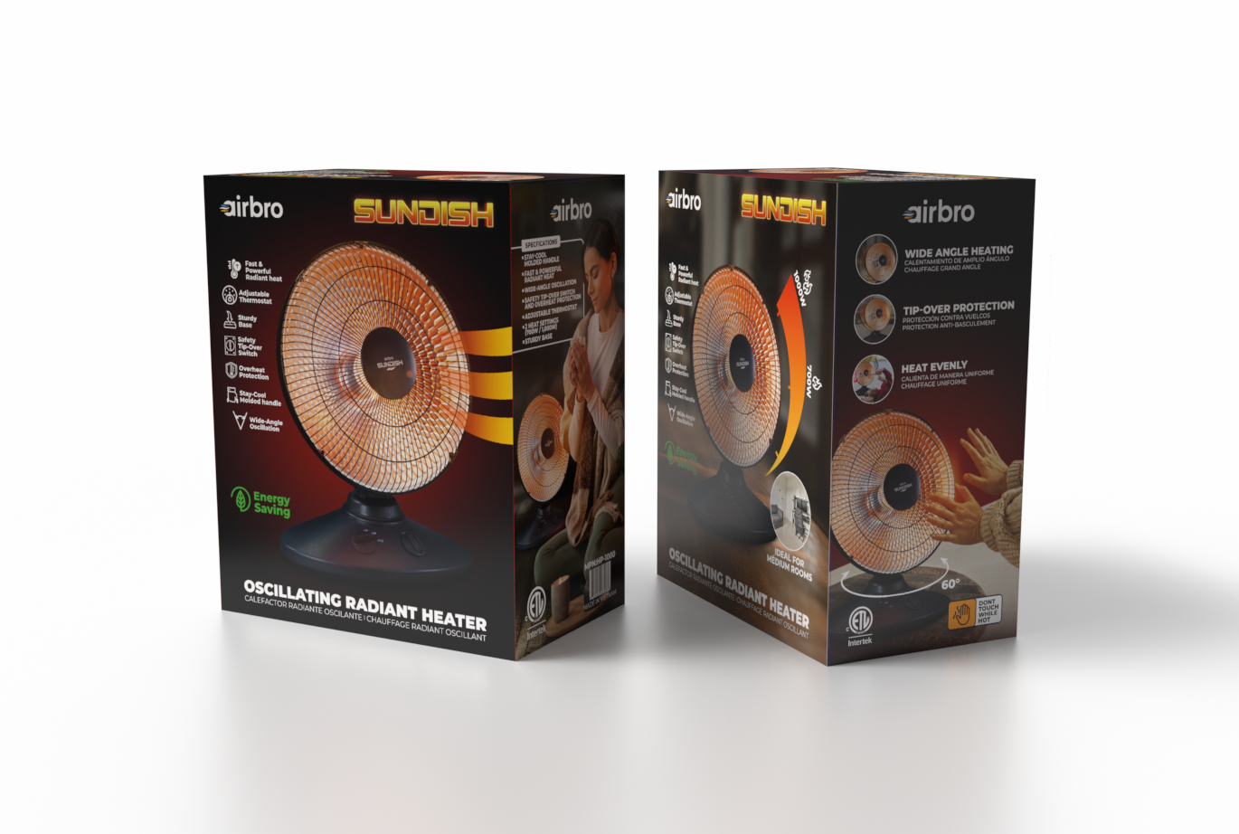 Two boxes of airbro oscillating radiant heaters on a white background