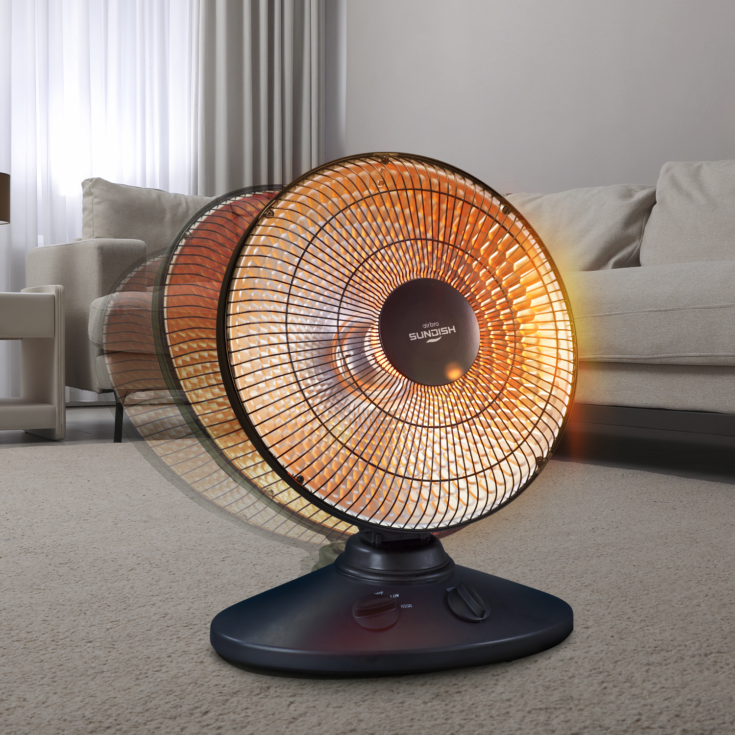 Portable electric heater on a carpeted floor with a living room background