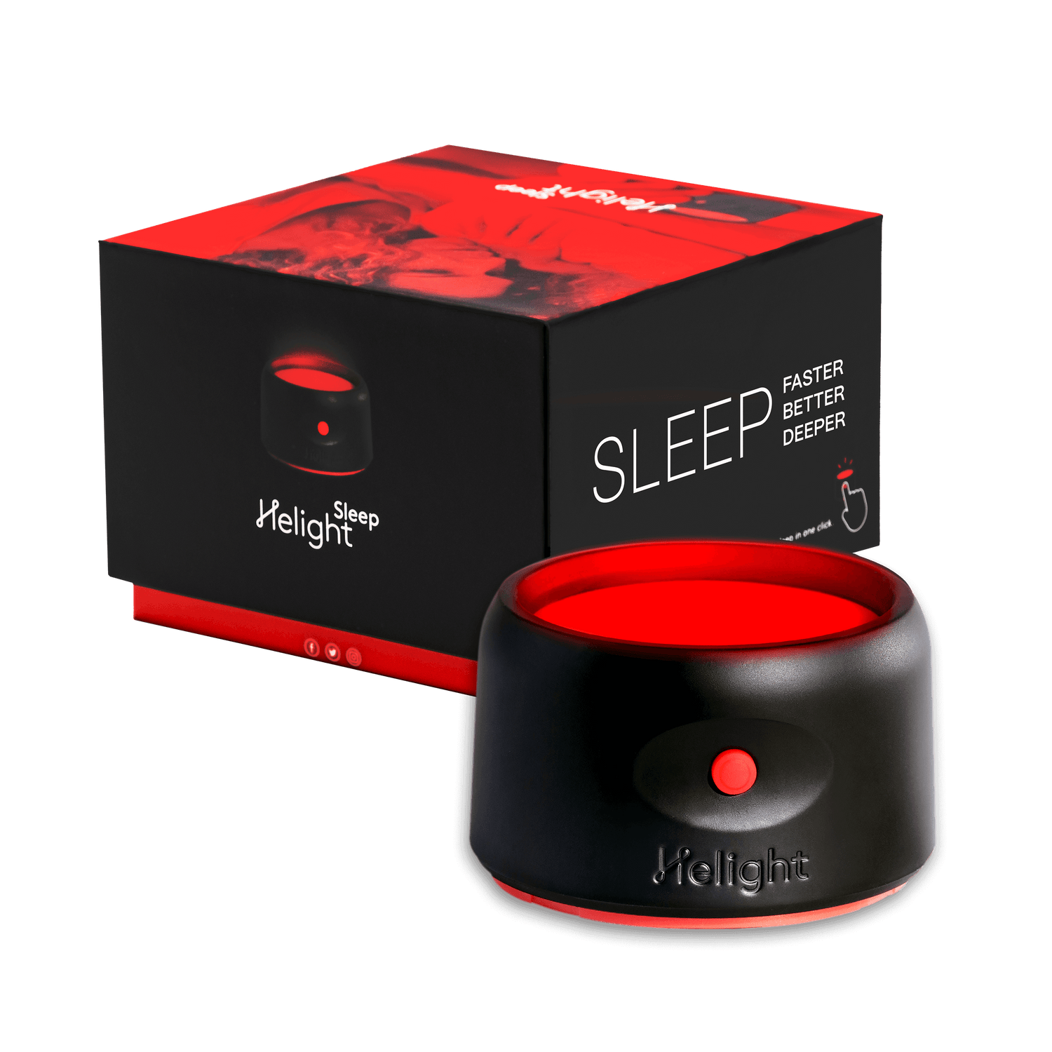 Sleep device with red light and 'Nelight' branding, next to its packaging on a black background.