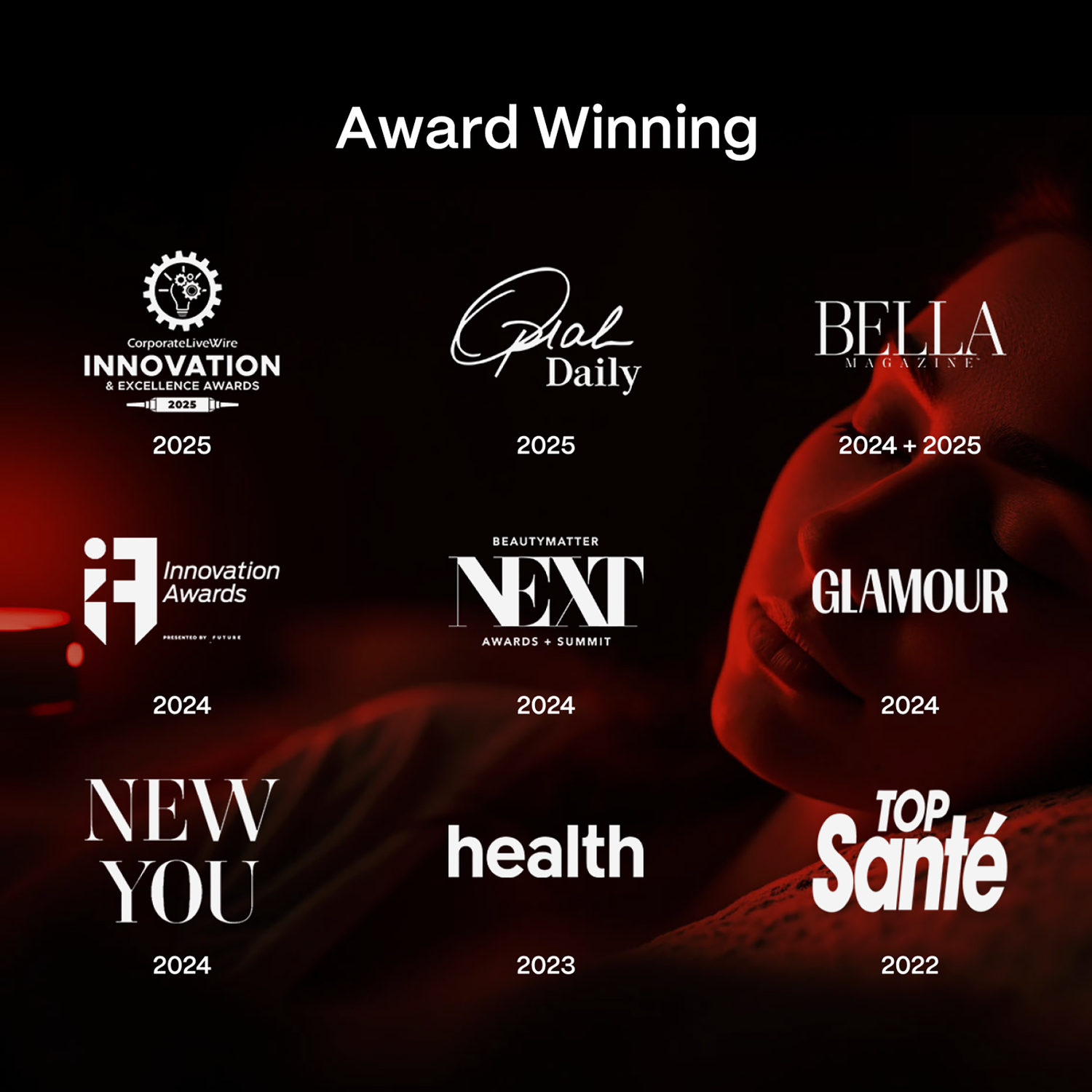 Collection of award logos from various organizations on a dark background