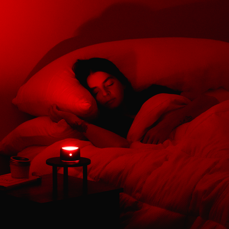 Person lying in bed under a red light with a candle on a nightstand.