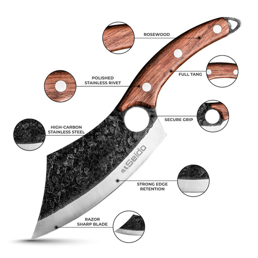 Behold the elegance of the Hakai Cleaver Knife from Seido Knives, with its wooden handle, poised on a cutting board. 