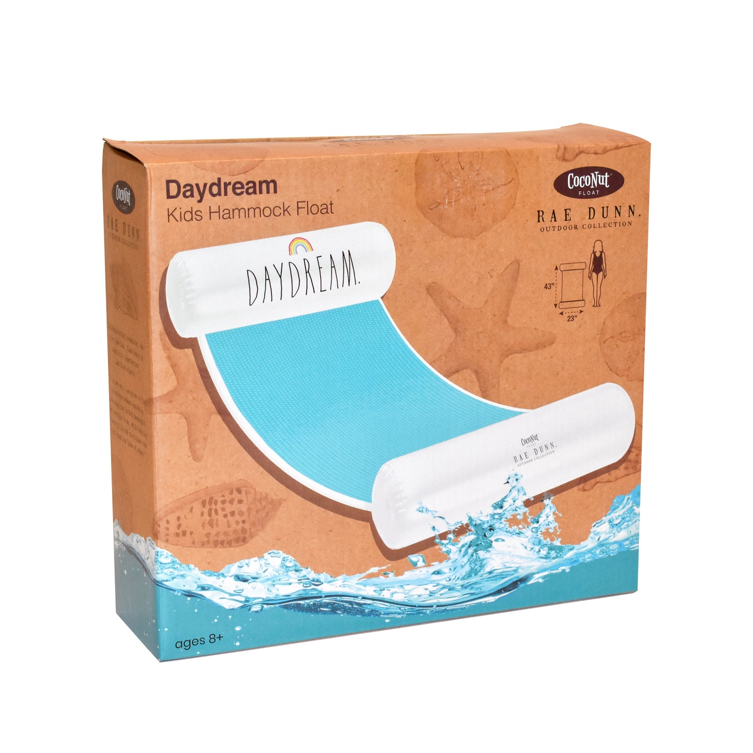Box packaging of a 'Daydream' kids hammock float with branding and product illustration.