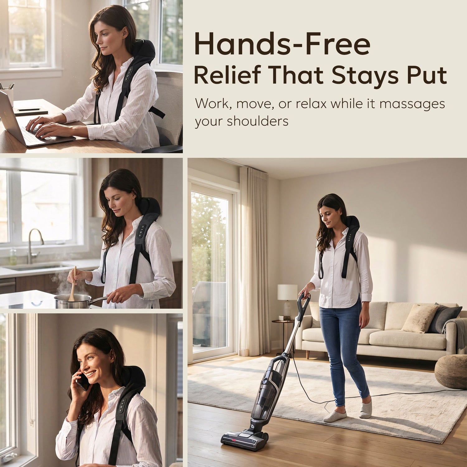 Woman using a massage device in various activities with text 'Hands-Free Relief That Stays Put'.