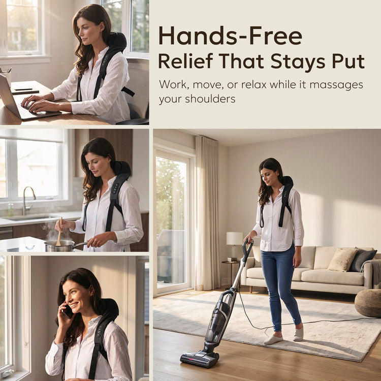 Woman using a massage device in various activities with text 'Hands-Free Relief That Stays Put'.