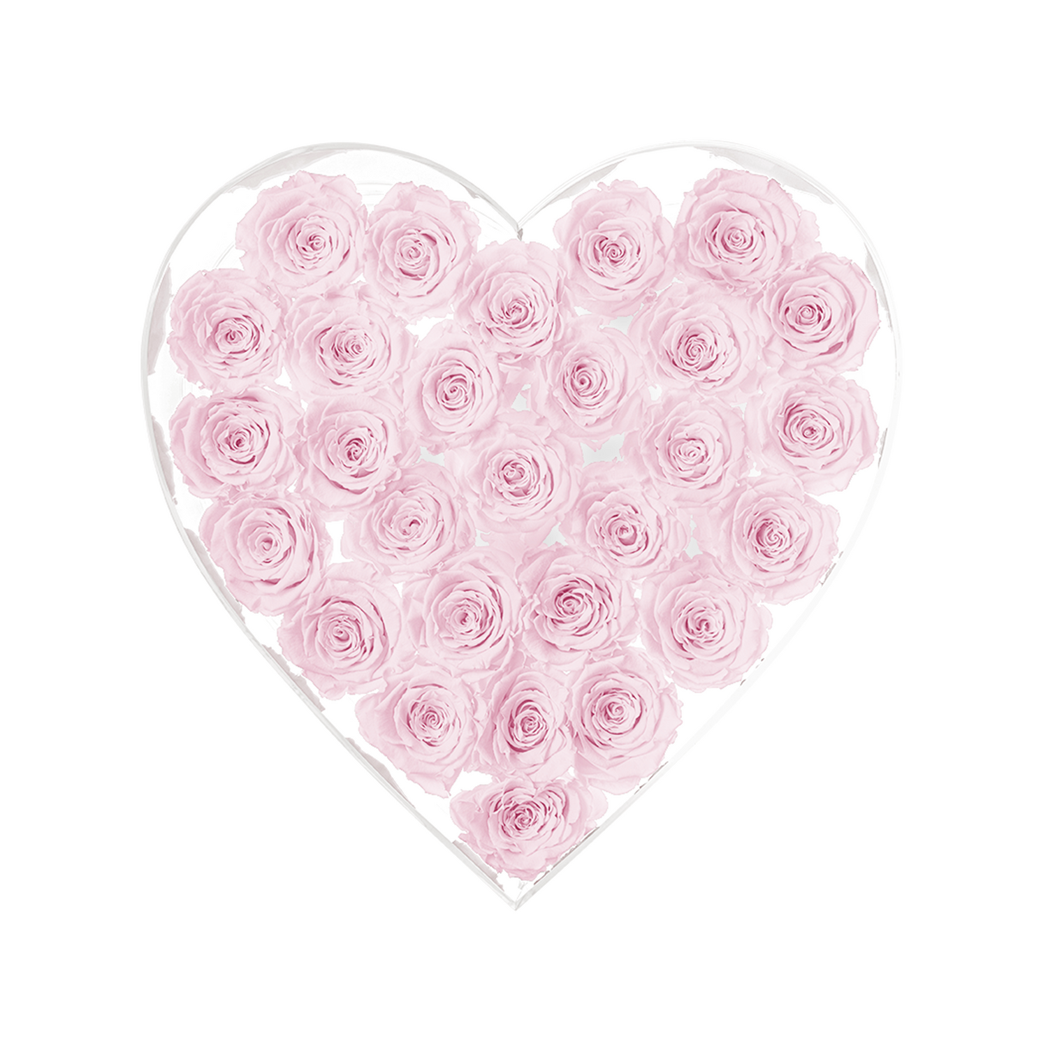 Heart-shaped arrangement of pink roses in a clear heart-shaped container on a white background