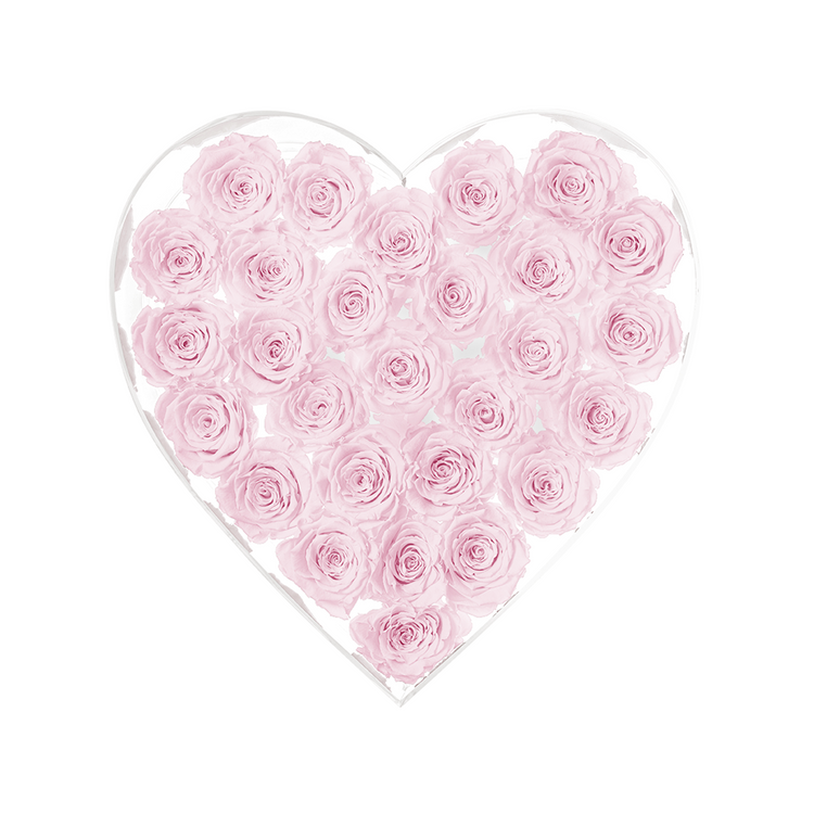 Heart-shaped arrangement of pink roses in a clear heart-shaped container on a white background