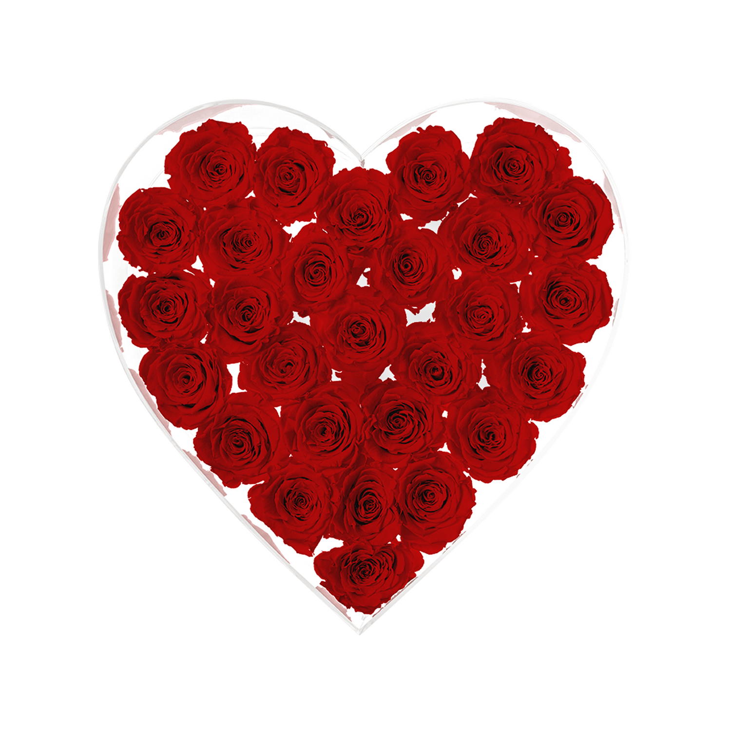 Heart-shaped arrangement of red roses in a clear heart-shaped container on a white background