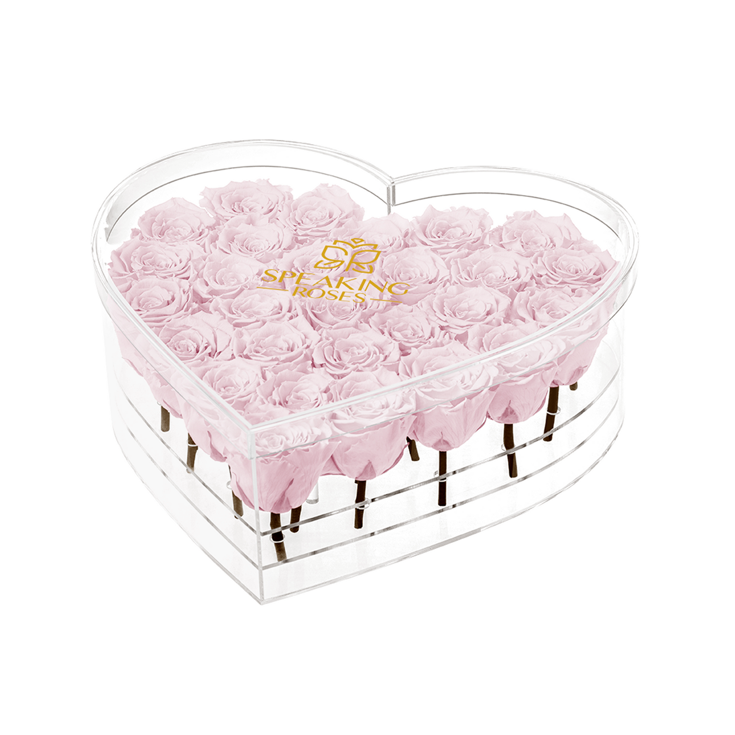 Heart-shaped box with pink roses and 'Speaking Roses' logo on a white background