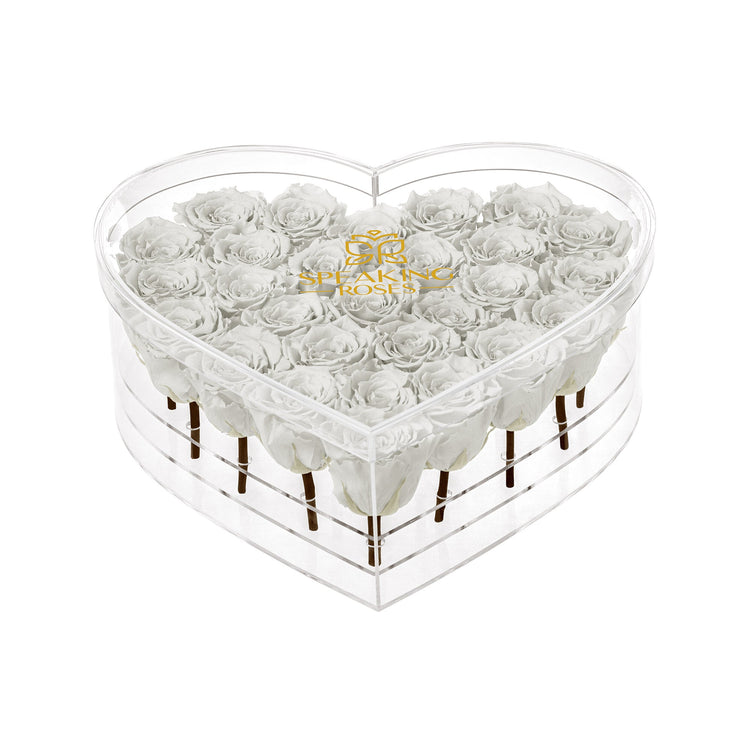 Heart-shaped box with white roses and 'Sakae' branding on a white background