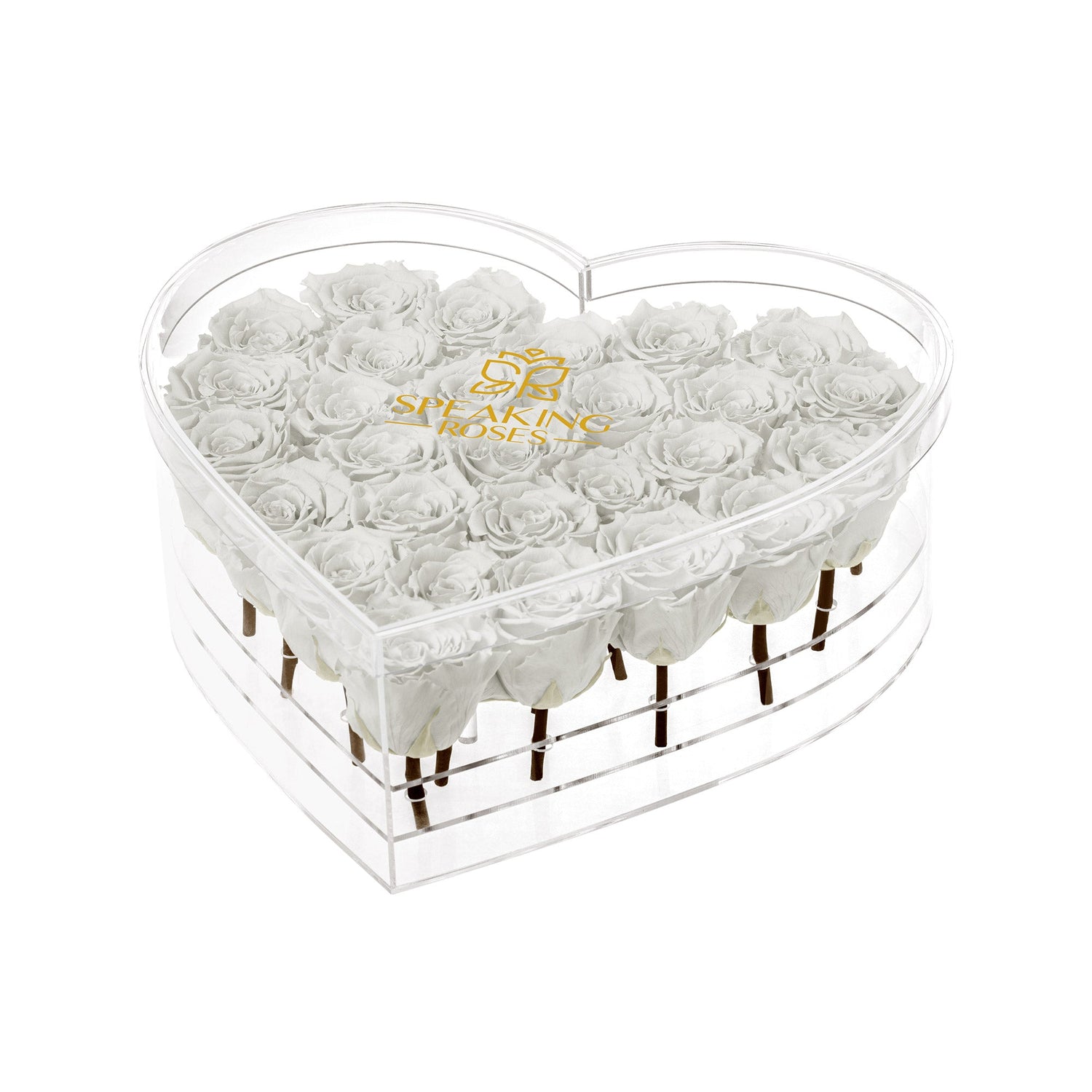 Heart-shaped transparent box with white roses and 'Speaking Roses' logo on a white background