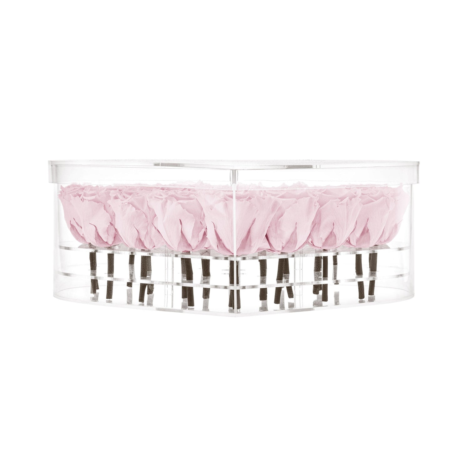 Clear plastic container with pink fabric inside on a white background