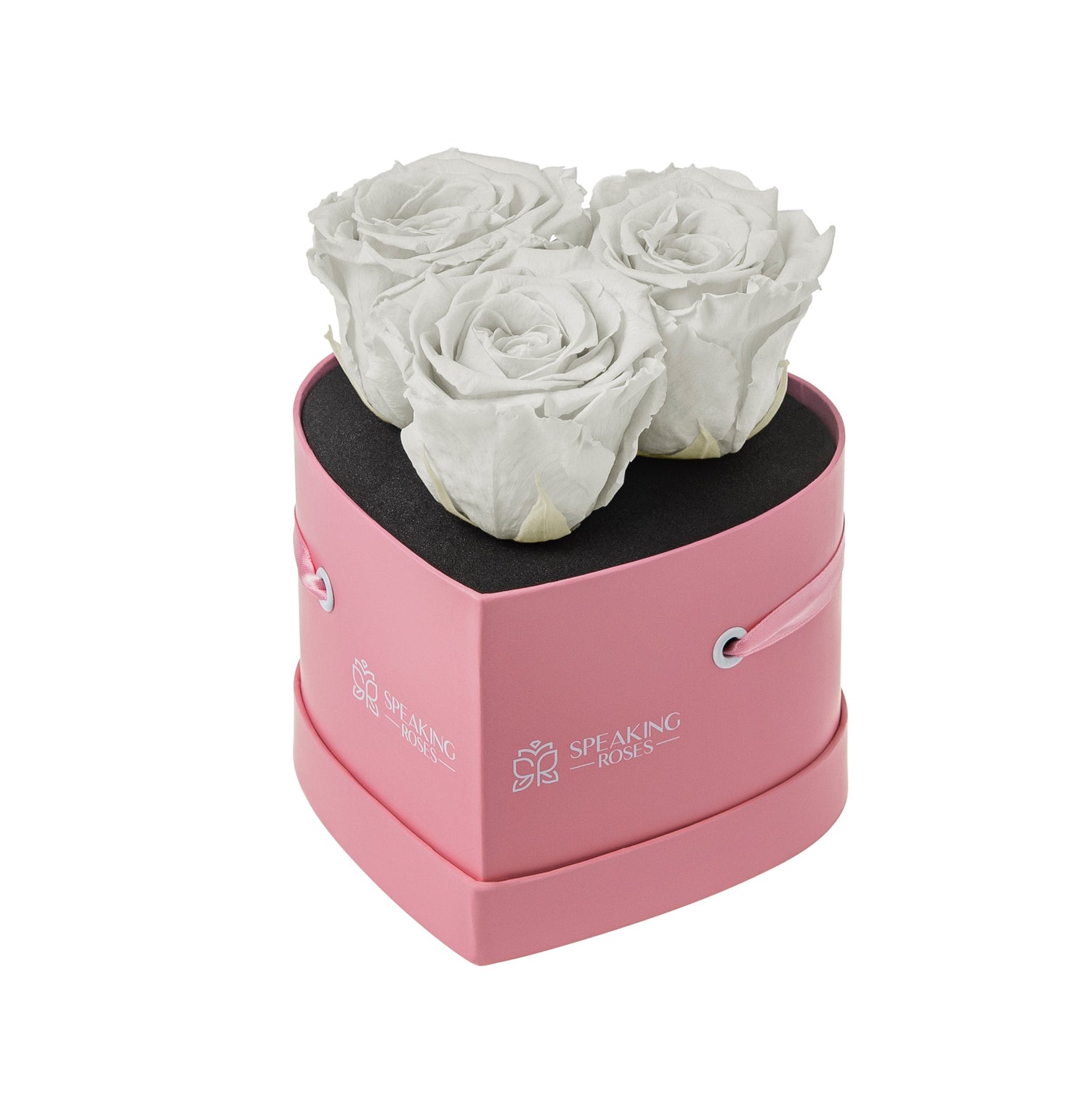 Pink heart-shaped box with white roses on a white background