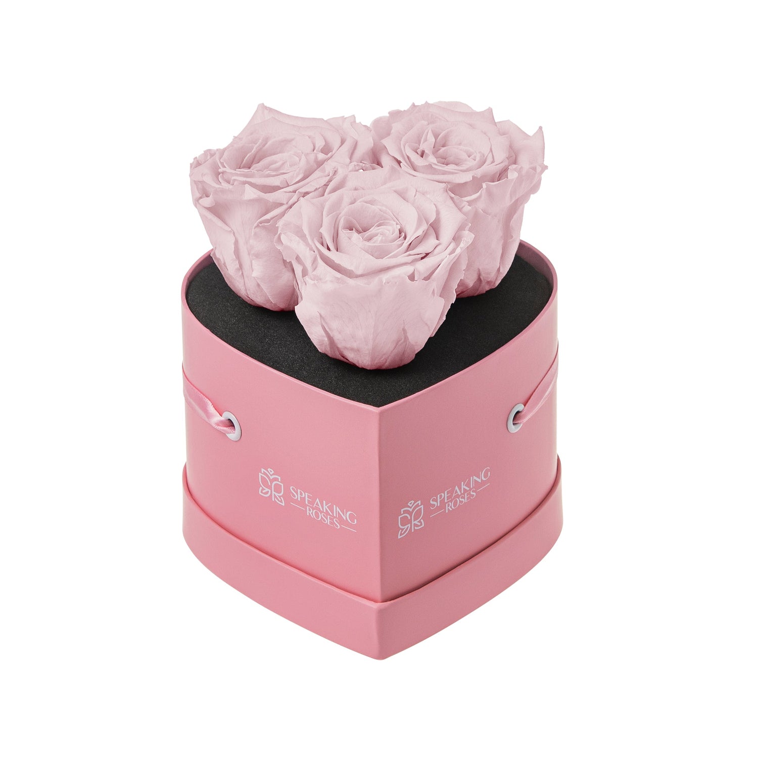 Pink heart-shaped box with preserved pink roses on a white background