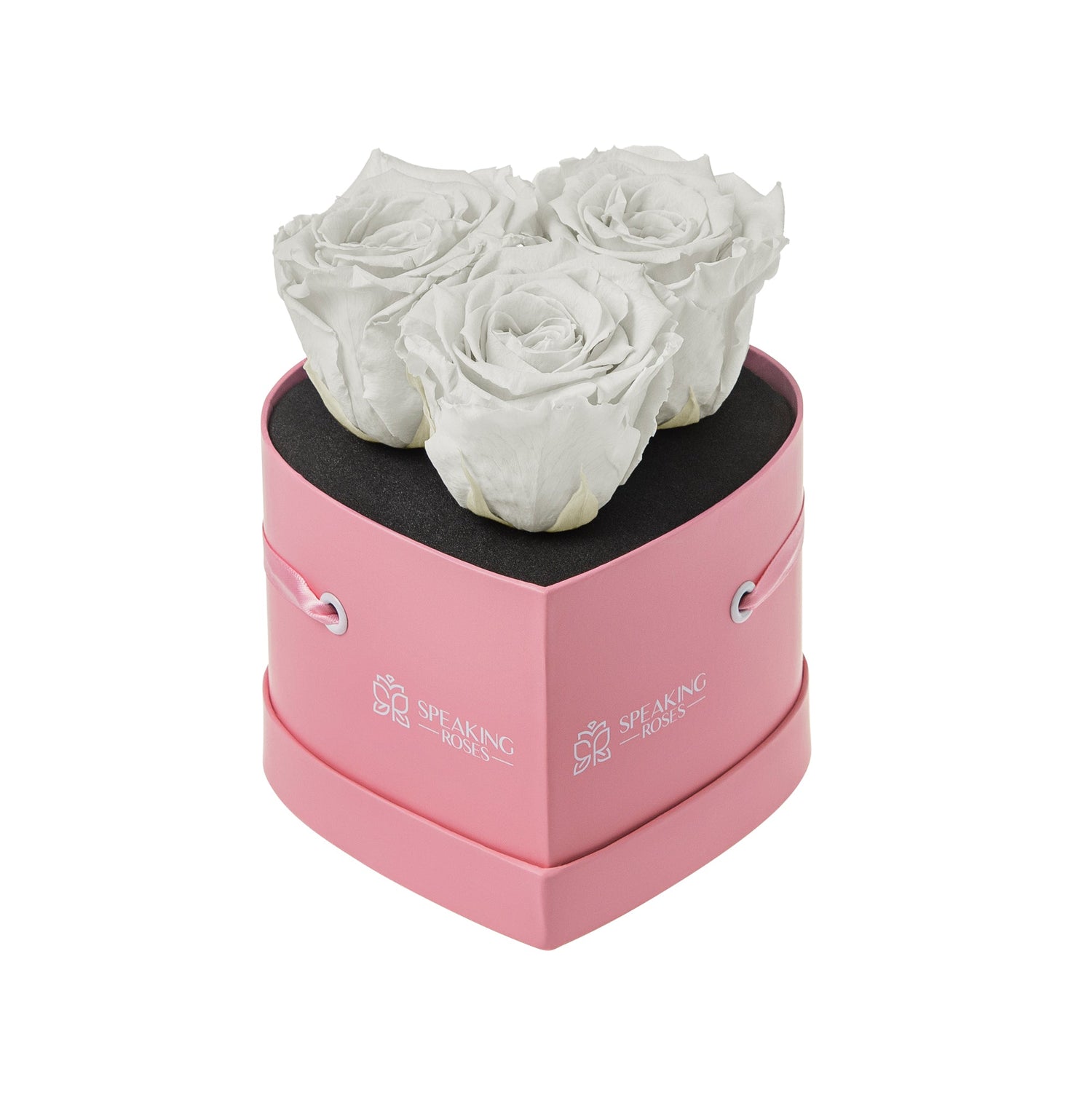 Pink box with white roses on a white background