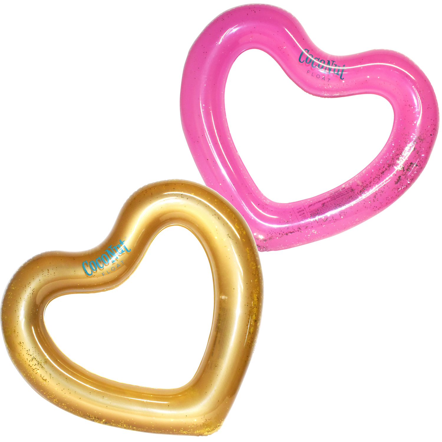Two heart-shaped inflatable rings, one pink and one gold, on a white background.