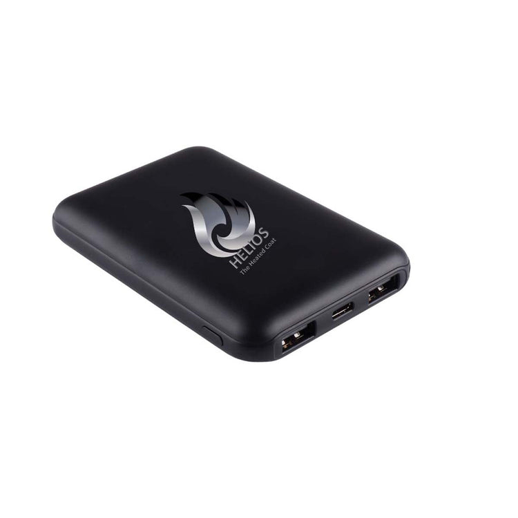 Black power bank with Helios logo on a white background